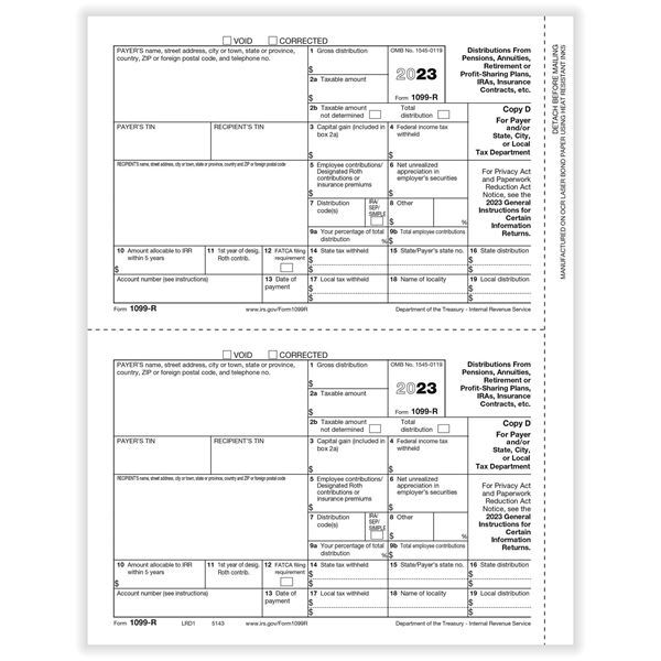 1099R RETIREMENT PAYER COPY D AND/OR STATE, CITY OR LOCAL COPY CUT SHEET/100 per PK