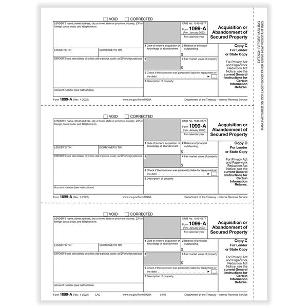 1099A ACQUISITION LENDER OR STATE COPY C CUT SHEET/100 per PK