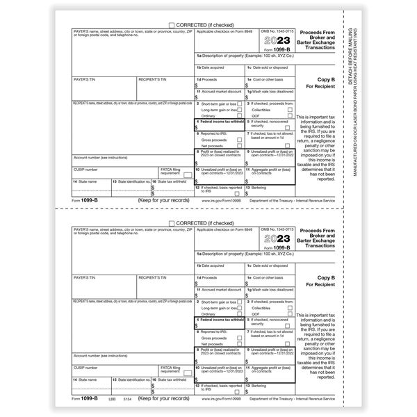 1099B BROKER REC COPY B CUT SHEET/100 per PK