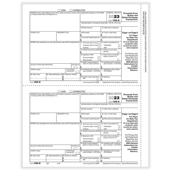 1099B BROKER PAYER OR STATE COPY C CUT SHEET/100 per PK