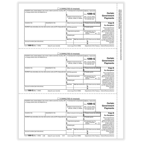 1099G CERTAIN GOVERNMENT REC COPY B CUT SHEET/100 per PK