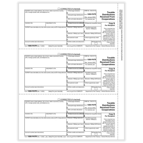 1099PATR PATRONAGE REC COPY B CUT SHEET/100 per PK