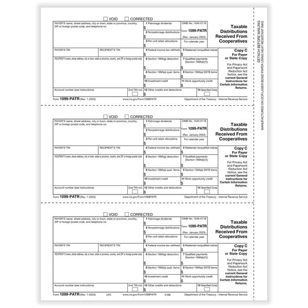 1099PATR PATRONAGE PAYER OR STATE COPY C CUT SHEET/100 per PK