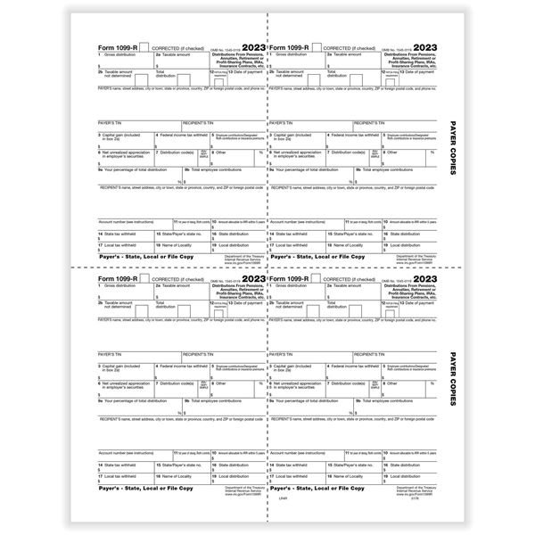 1099R RETIREMENT PAYER, STATE, LOCAL, OR FILE COPY 4UP BOX FORMAT CUT SHEET/100 per PK