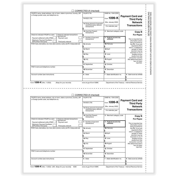 1099K MERCHANT CARD PAYEE COPY B/100 per PK