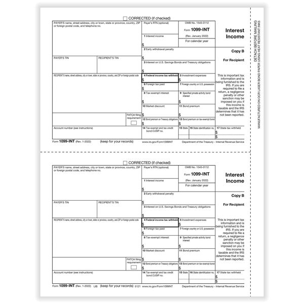 1099INT INTEREST REC COPY B CUT SHEET/1000 per CTN