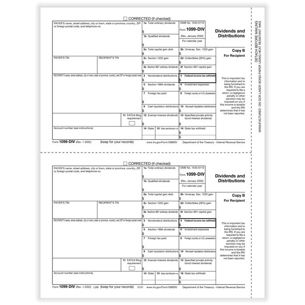 1099DIV DIVIDEND REC COPY B CUT SHEET/1000 per CTN