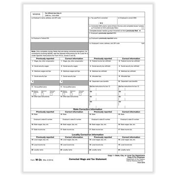 W2C STATEMENT OF CORRECTED INCOME EMPLOYER STATE, CITY OR LOCAL COPY 1 OR D CUT SHEET/500 per CTN