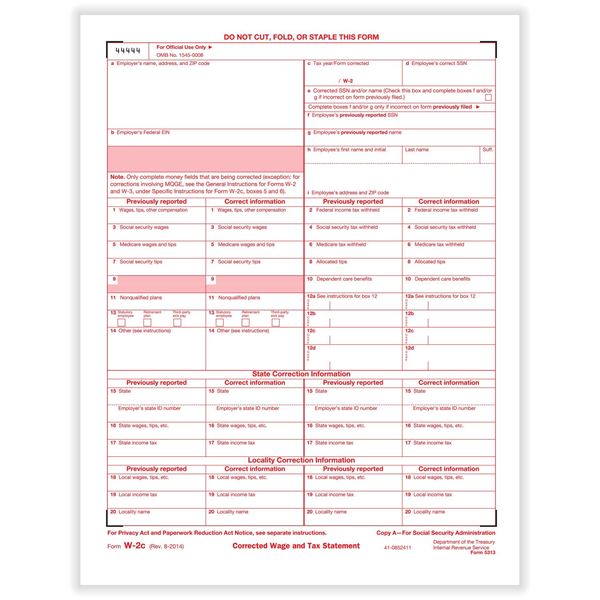 W2C STATEMENT OF CORRECTED INCOME FED COPY A CUT SHEET/500 per CTN