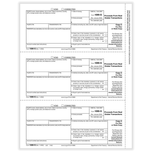 1099S PROCEEDS FROM REAL ESTATE TRANSACTIONS FILER OR STATE COPY C CUT SHEET/1500 per CTN