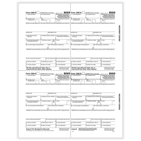 1099R RETIREMENT RECIPIENTS COPY B, C AND 2 FILE COPIES 4UP BOX FORMAT CUT SHEET/500 per CTN