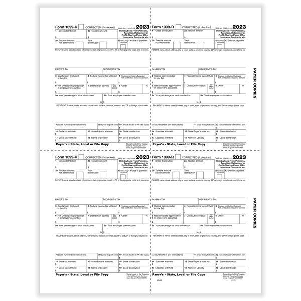 1099R RETIREMENT PAYER, STATE, LOCAL, OR FILE COPY 4UP BOX FORMAT CUT SHEET/500 per CTN