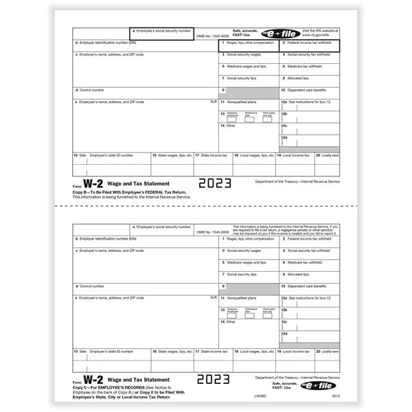 W2 EMPLOYEE 2UP COPY B AND C COMBINED CUT SHEET/500 per CTN