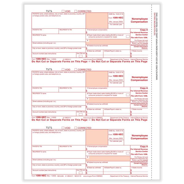 1099 NEC 3UP FED COPY A CUT SHEET/1500 per CTN