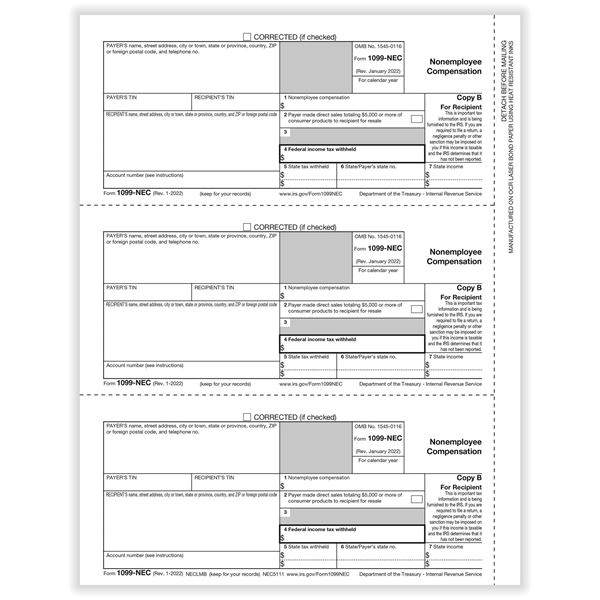 1099 NEC 3UP REC COPY B CUT SHEET/1500 per CTN