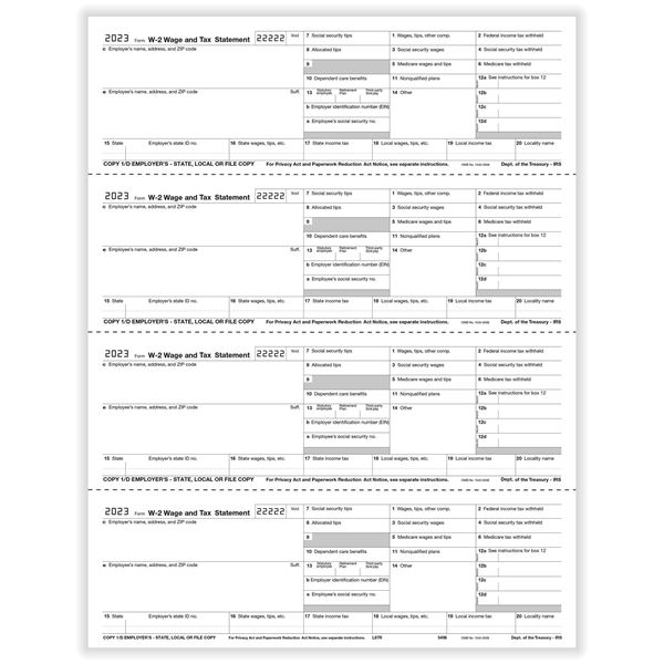 W2 EMPLOYER 4UP HORIZONTAL COPY D OR 1 STATE/CITY OR LOCAL CUT SHEET/100 per PK
