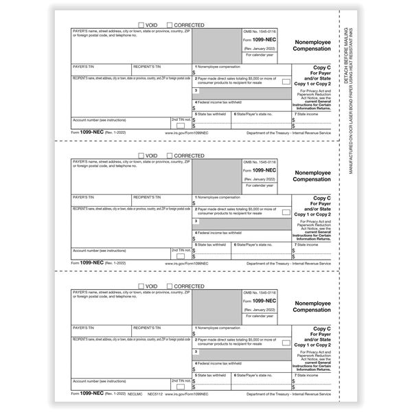 1099 NEC 3UP PAYER/STATE COPY C CUT SHEET/1500 per CTN