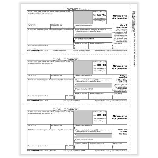 1099 NEC 3UP REC COPY B, PAYER/STATE COPY C & STATE/EXTRA FILE COPY/500 per CTN