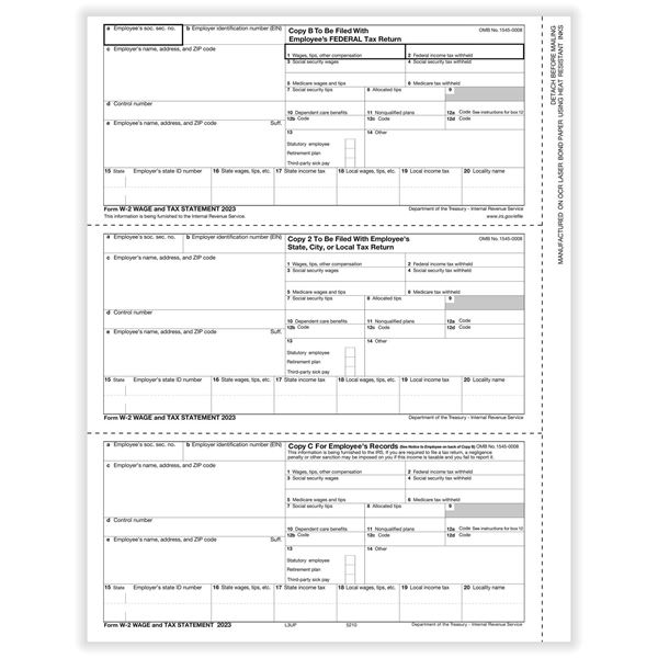 W2 EMPLOYEE 3UP HORIZONTAL COPY B,C AND 2 CUT SHEET/100 per PK