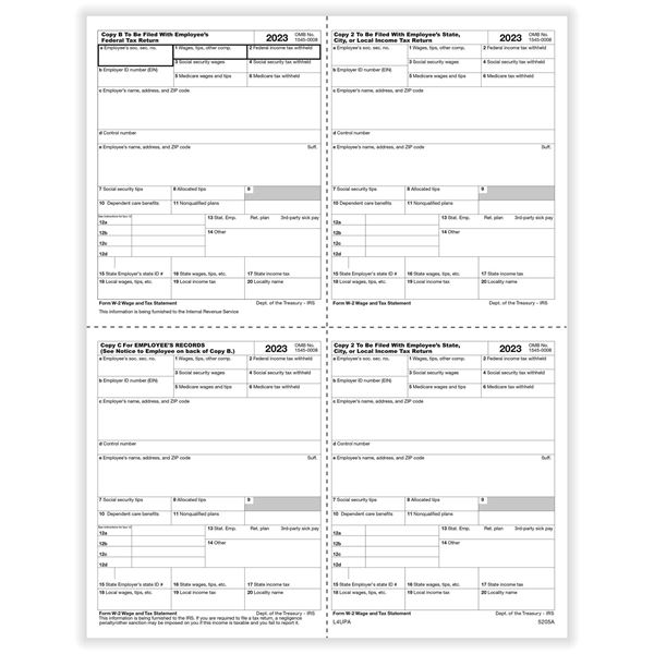 W2 EMPLOYEE 4UP BOX COPY B,C,2 AND 2 OR EXTRA COPY CUT SHEET (P STYLE)/100 per PK