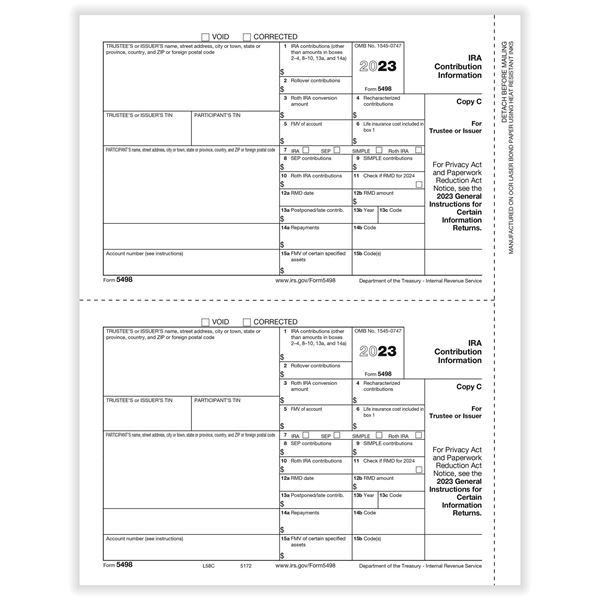 5498IRA CONTRIBUTION STATE/TRUSTEE OR ISSUER COPY C CUT SHEET/1000 per CTN