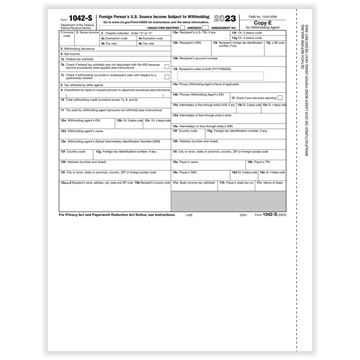 1042S FOREIGN PERSON'S U. S. SOURCE WITHHOLDING LASER WAGENT COPY E CUT SHEET DATED 2023/100 PER PK
