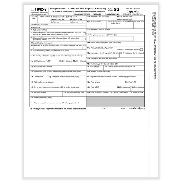 1042S FOREIGN PERSON'S U. S. SOURCE WITHHOLDING LASER FED COPY A CUT SHEET DATED 2023/100 PER PK