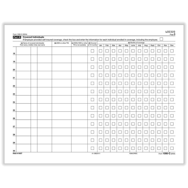 LASER 1095-C "IRS" COPY EMPLOYER-PROVIDED HEALTH INS. OFFER & COV. "CONTINUATION" LANDSCAPE VERSION/25 per PK