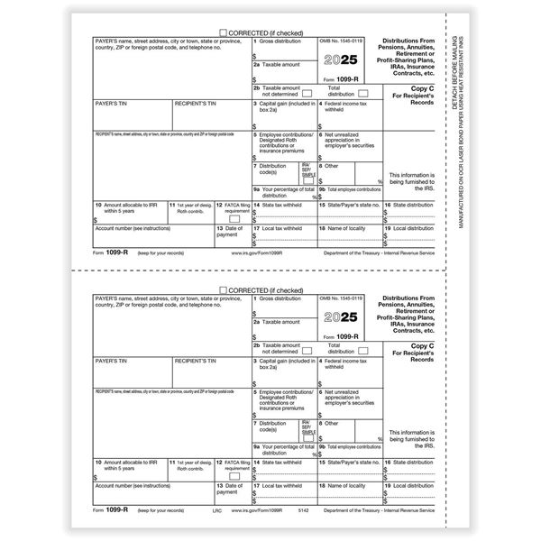 1099R RETIREMENT REC COPY C AND/OR STATE, CITY OR LOCAL COPY CUT SHEET/1000 per CTN