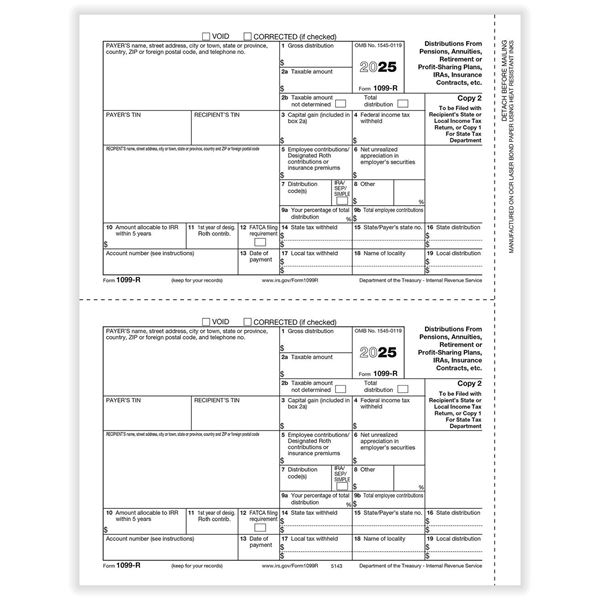 LASER 1099-R, 2-Up, Copy 2/1 /25 per pk