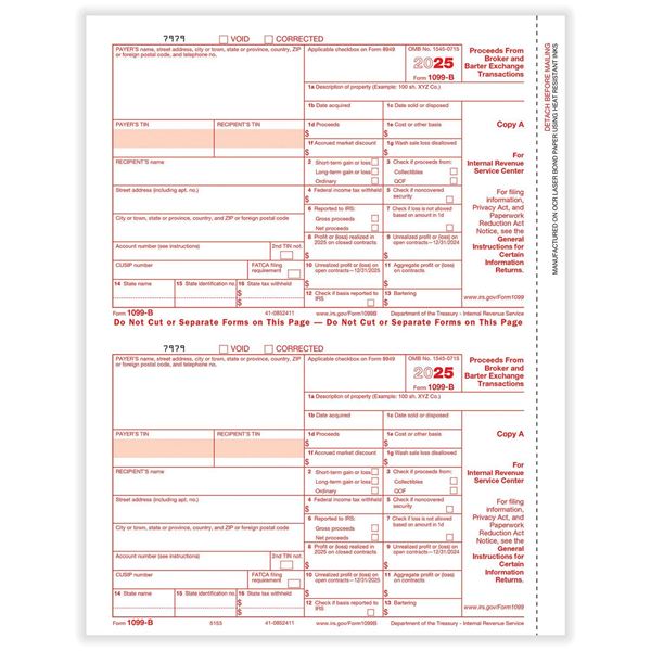 LASER 1099-B, 2-Up, Fed Copy A (Broker)/25 PER PK