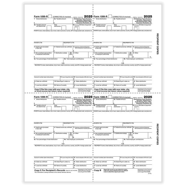 LASER 1099-R, 4-Up Box, Recipients Copy B, C and 2 File Copies/50 per pk