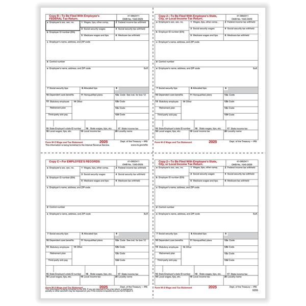 W2 Employee 4Up Box Copy B,C,2 and 2 or Extra Copy Bulk PK