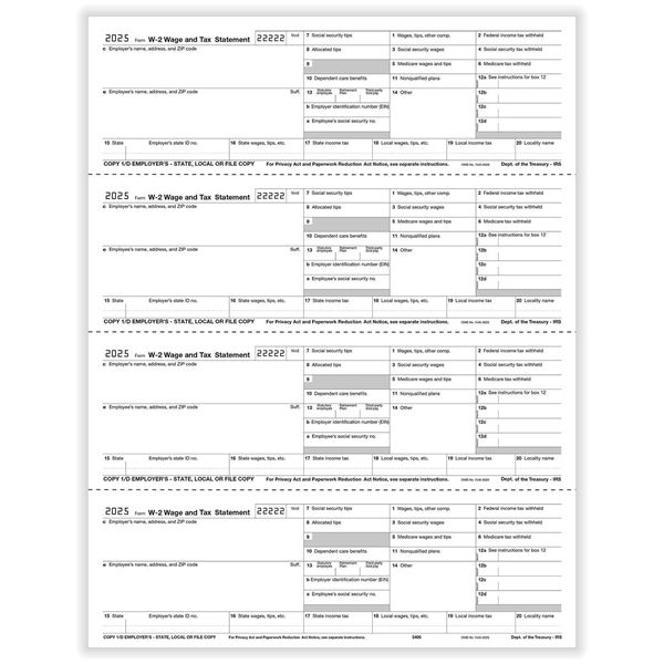 LASER W-2 4UP HORIZONTAL EMPLOYERS/25 per pk