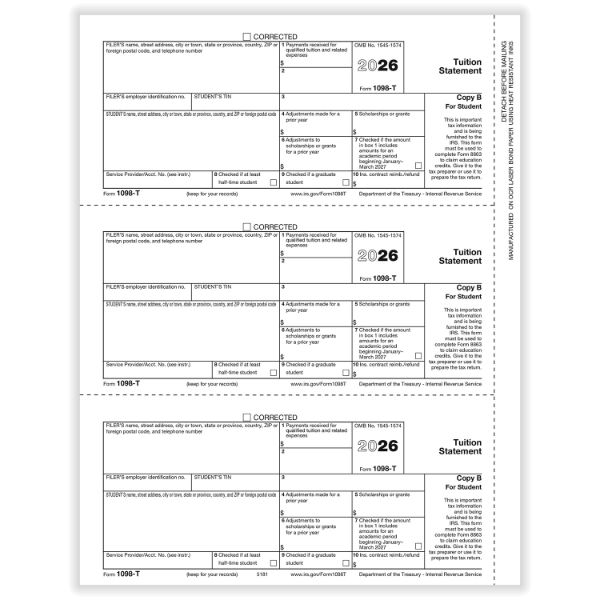 1098T-500/PK-TUITION PAYMENTS STATEMENT STUDENT COPY B BULK PK
