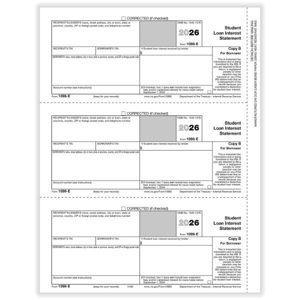 1098E-50/PK-STUDENT LOAN INT. STATEMENT BORROWER COPY B CUT SHEET