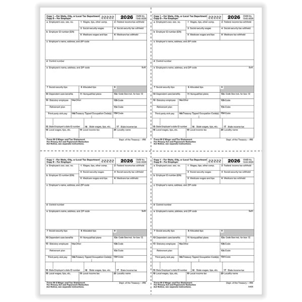 W2 EMPLOYER-25/PK-4UP BOX COPY D OR 1 STATE/CITY OR LOCAL CUT SHEET