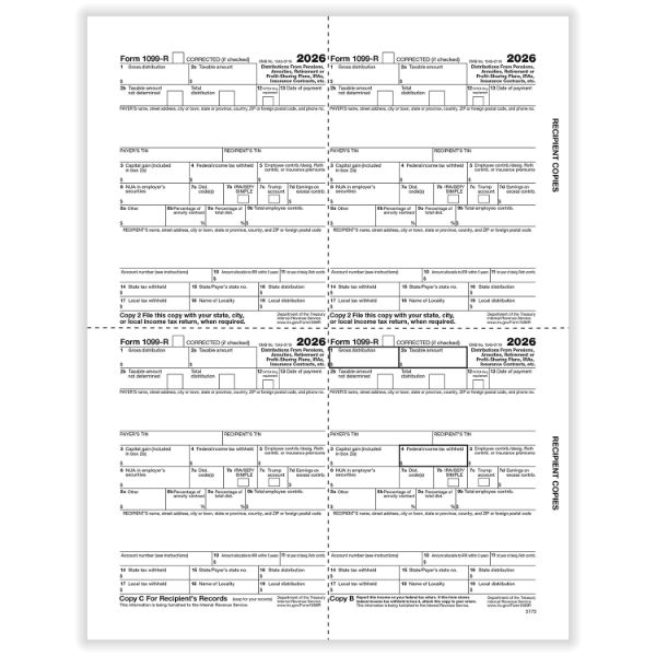 1099R RETIREMENT RECIPIENTS COPY B, C AND 2 FILE COPIES 4UP BOX FORMAT CUT SHEET/500 per CTN