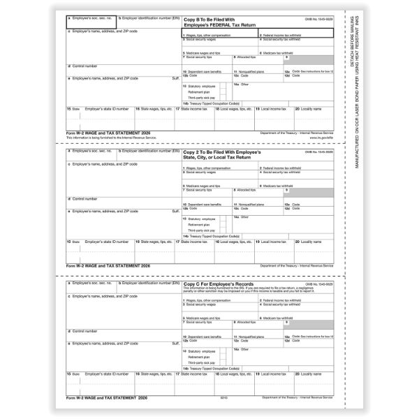 W2 EMPLOYEE 3UP HORIZONTAL COPY B,C AND 2 CUT SHEET/500 per CTN