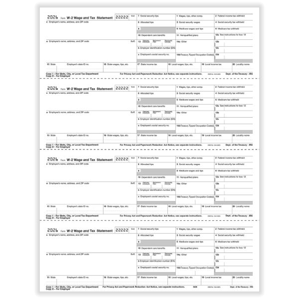 W2 EMPLOYER 4UP HORIZONTAL COPY D OR 1 STATE/CITY OR LOCAL CUT SHEET/500 per CTN
