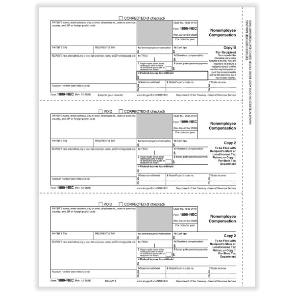 1099 NEC 3UP REC COPY B, PAYER/STATE COPY C & STATE/EXTRA FILE COPY/500 per CTN